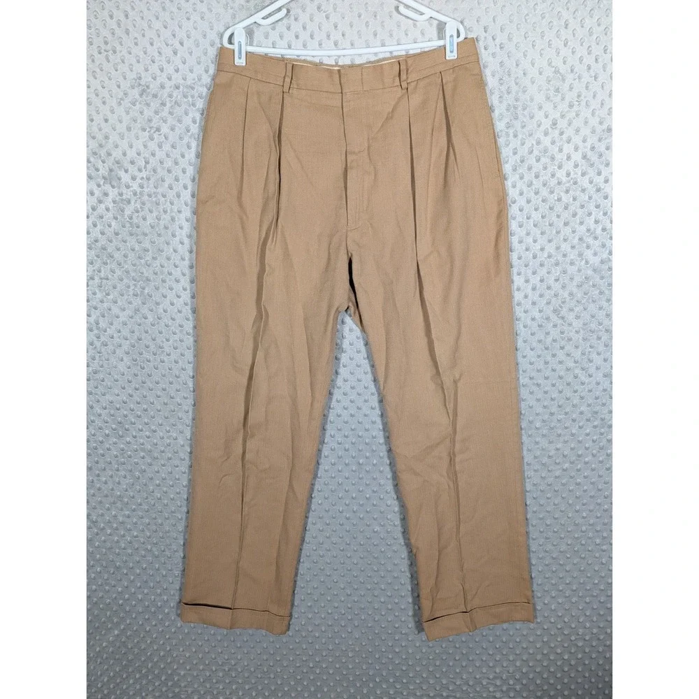 VTG Polo Ralph Lauren Pleated Herringbone Trouser Men 36x31* Beige Cotton Cuffed